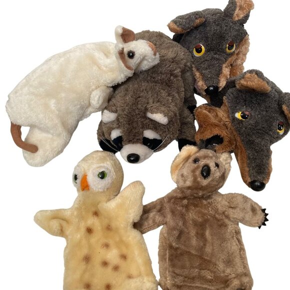 Vintage Dakin Animal Hand Puppets Raccoon Wolf Owl Koala Country Critters Pig - Picture 1 of 16